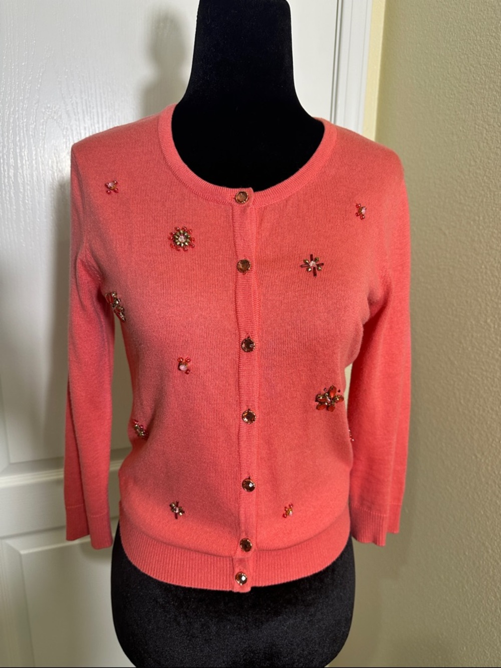 New York & Company Coral Button-Front Cardigan Adorned with beads & jewels. PS